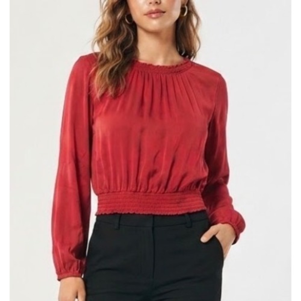 Cloth & Stone Anthropologie Red EcoVero Smocked Hem Puff Sleeve Blouse M C1601
